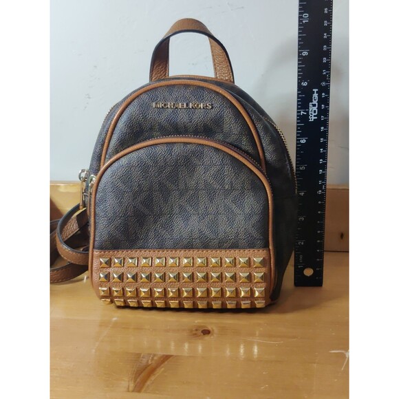 Michael Kors Rhea Mini Backpack Purse Brown Gold Square Studs Read! - Picture 13 of 15